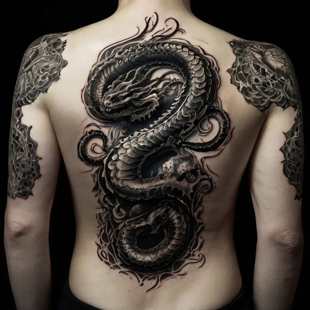 Intricate black and grey dragon tattoo covering the back, with detailed scales and swirling designs, flanked by shoulder art.