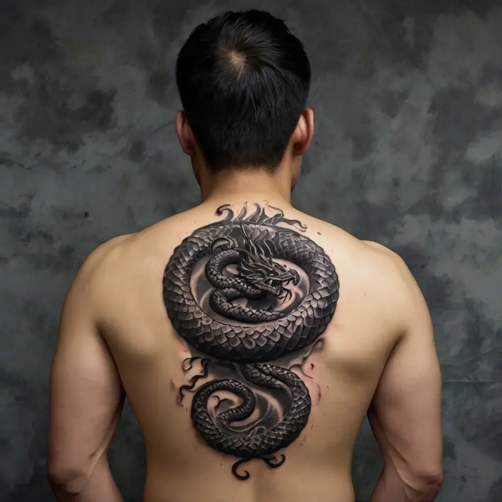 Intricate black and grey dragon tattoo on back, coiled with detailed scales and fierce expression, symbolizing power and strength.