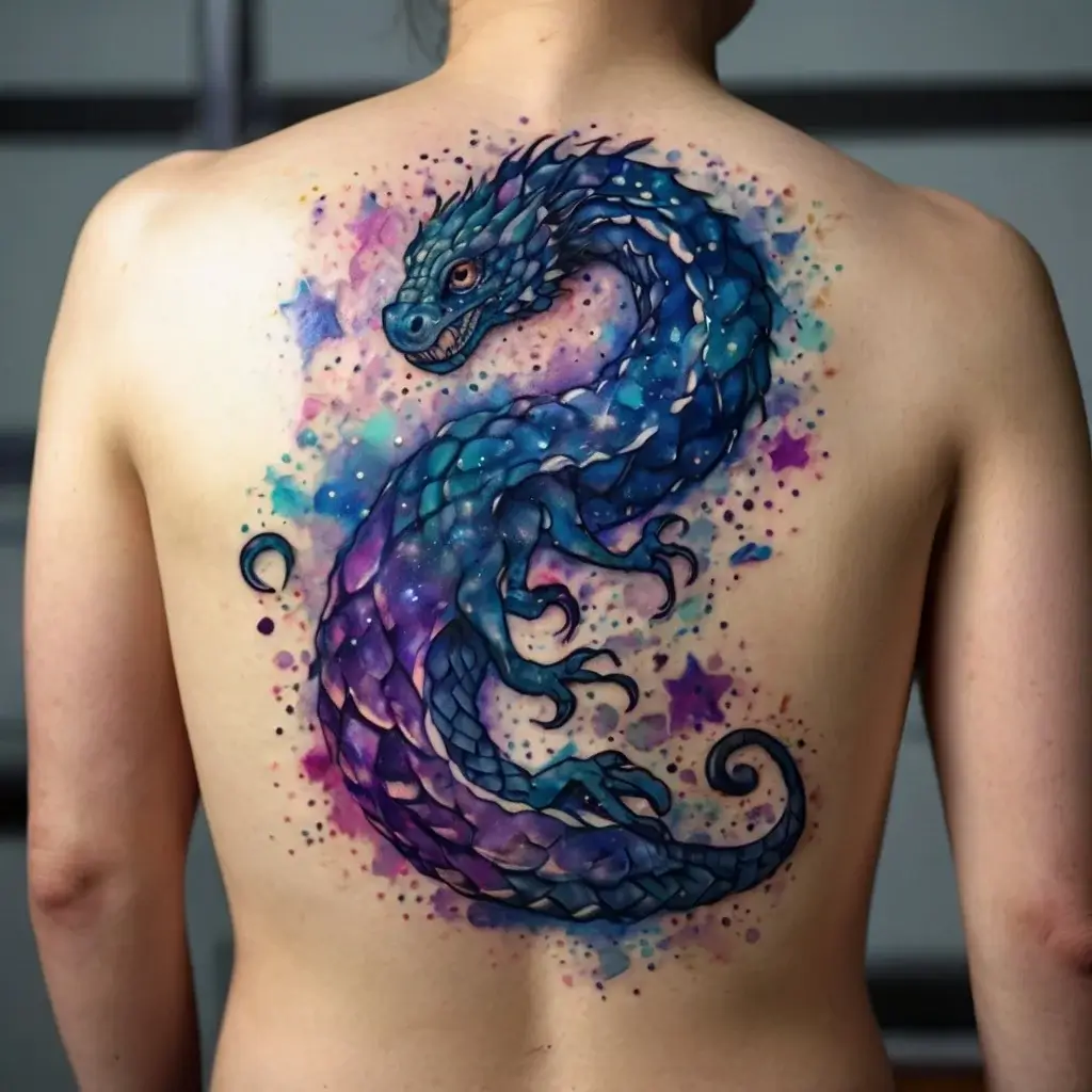 Colorful galaxy-inspired dragon tattoo on back, blending blues and purples with cosmic motifs and watercolor splashes.