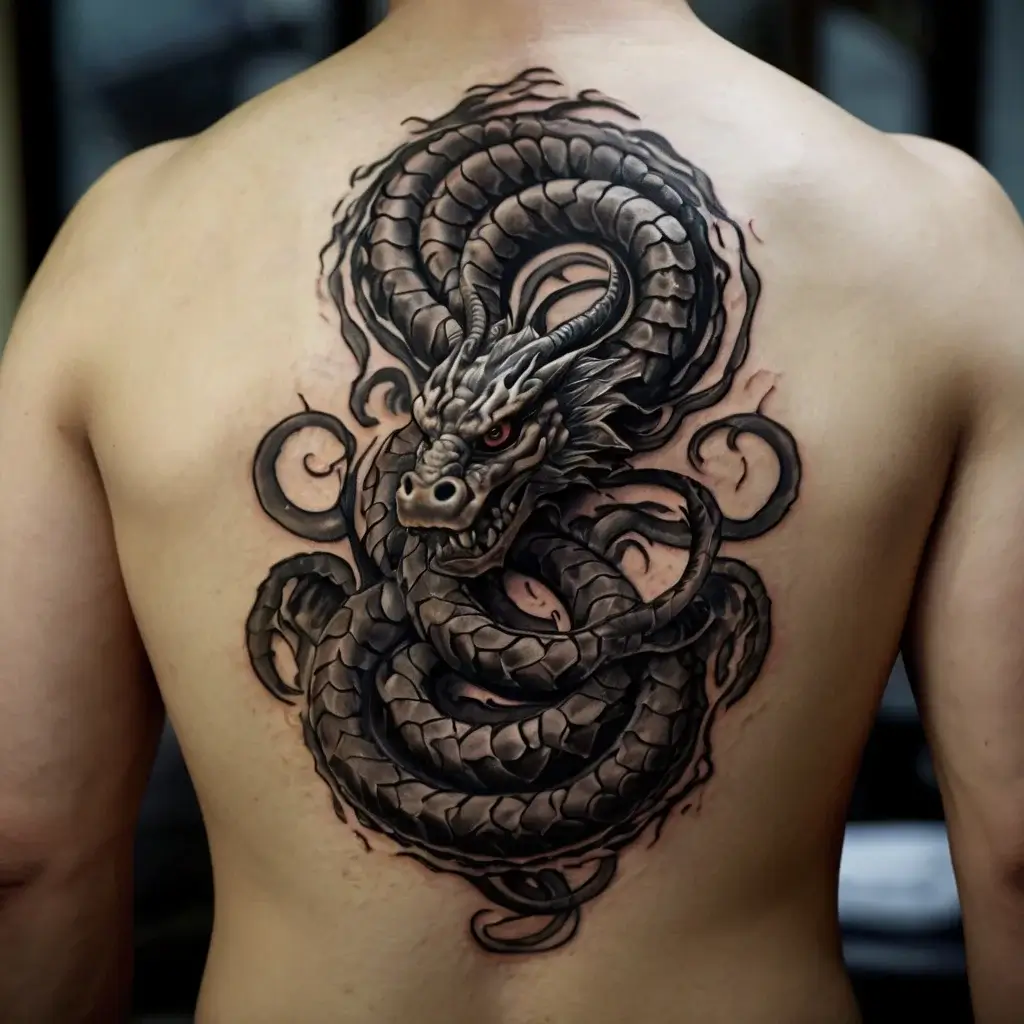 Detailed black and gray dragon tattoo on back, coiling with fierce expression and intricate scales.