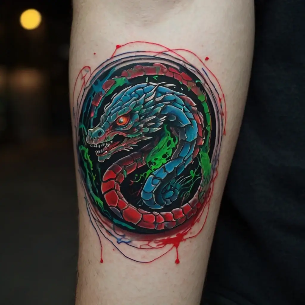 Vibrant snake tattoo, coiled with intricate scales, blends vivid reds, blues, and greens, outlined by artistic splatters.