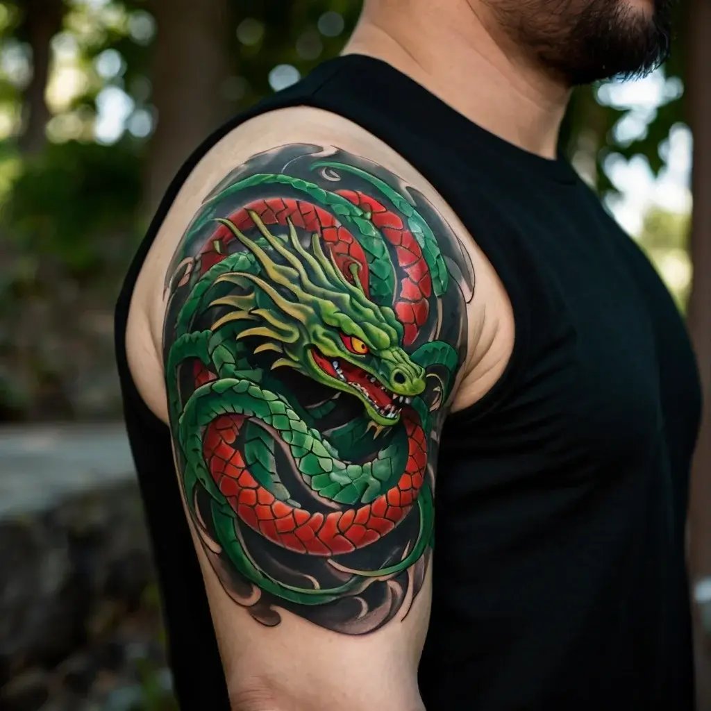 Vibrant dragon tattoo on upper arm, featuring a red and green scaled body and detailed, fierce facial expression.