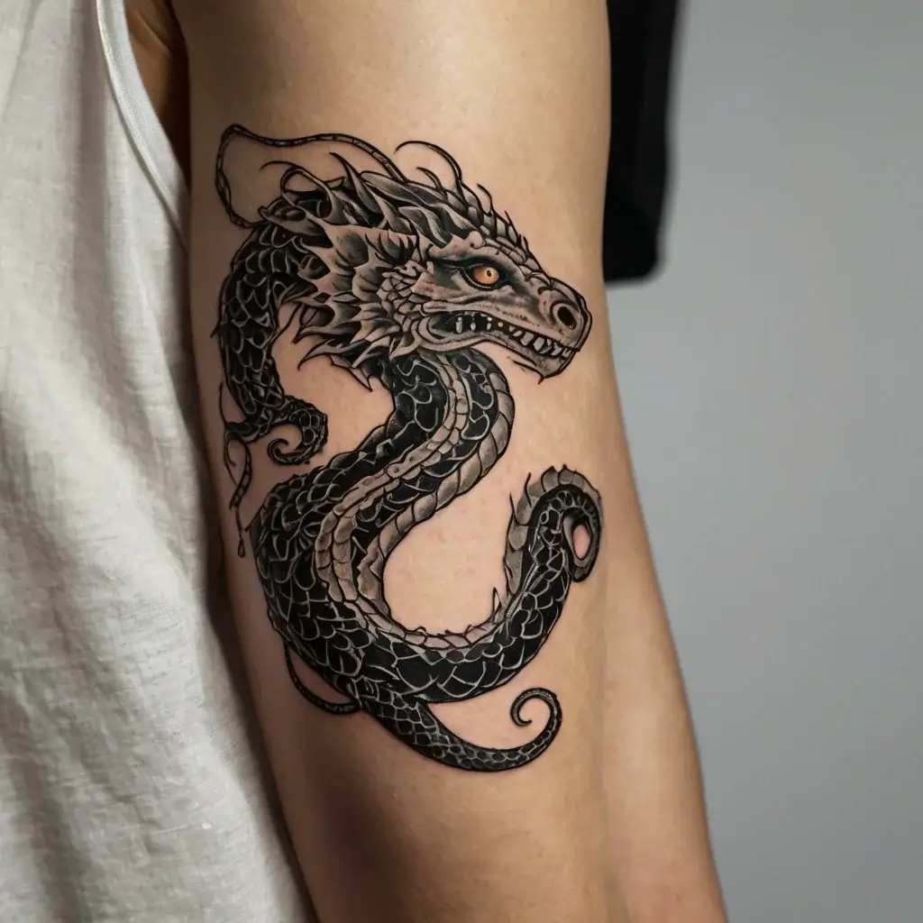 Intricate black dragon tattoo wraps around the arm, featuring detailed scales and sharp eyes for a fierce, mythical look.