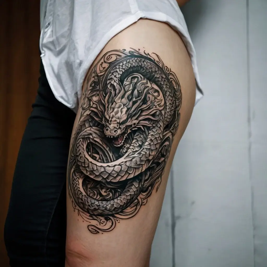 Intricate black and grey dragon tattoo on thigh, with detailed scales and swirling background elements.