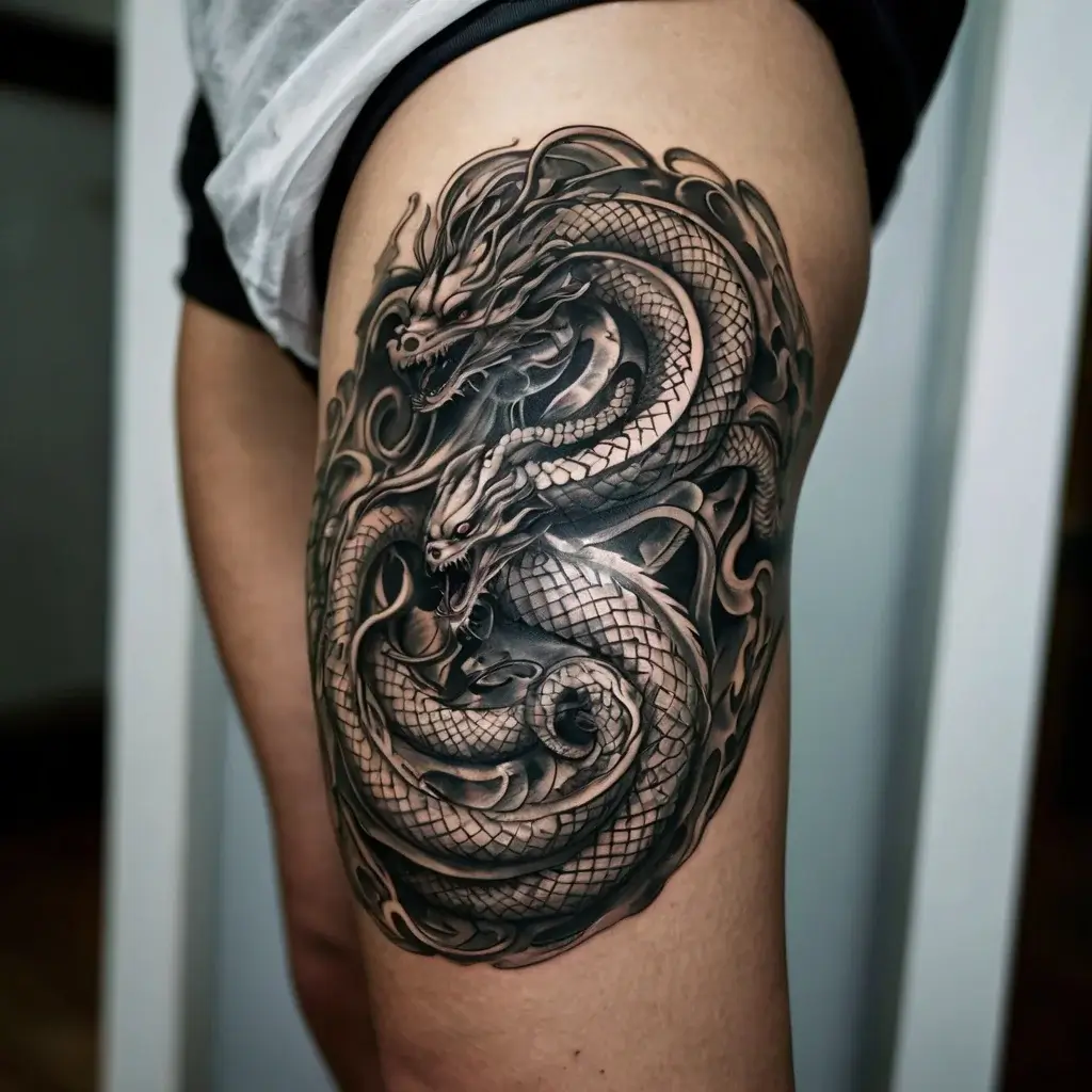 Intricate black and grey tattoo of two intertwined dragons, showcasing detailed scales and fierce expressions on a leg.