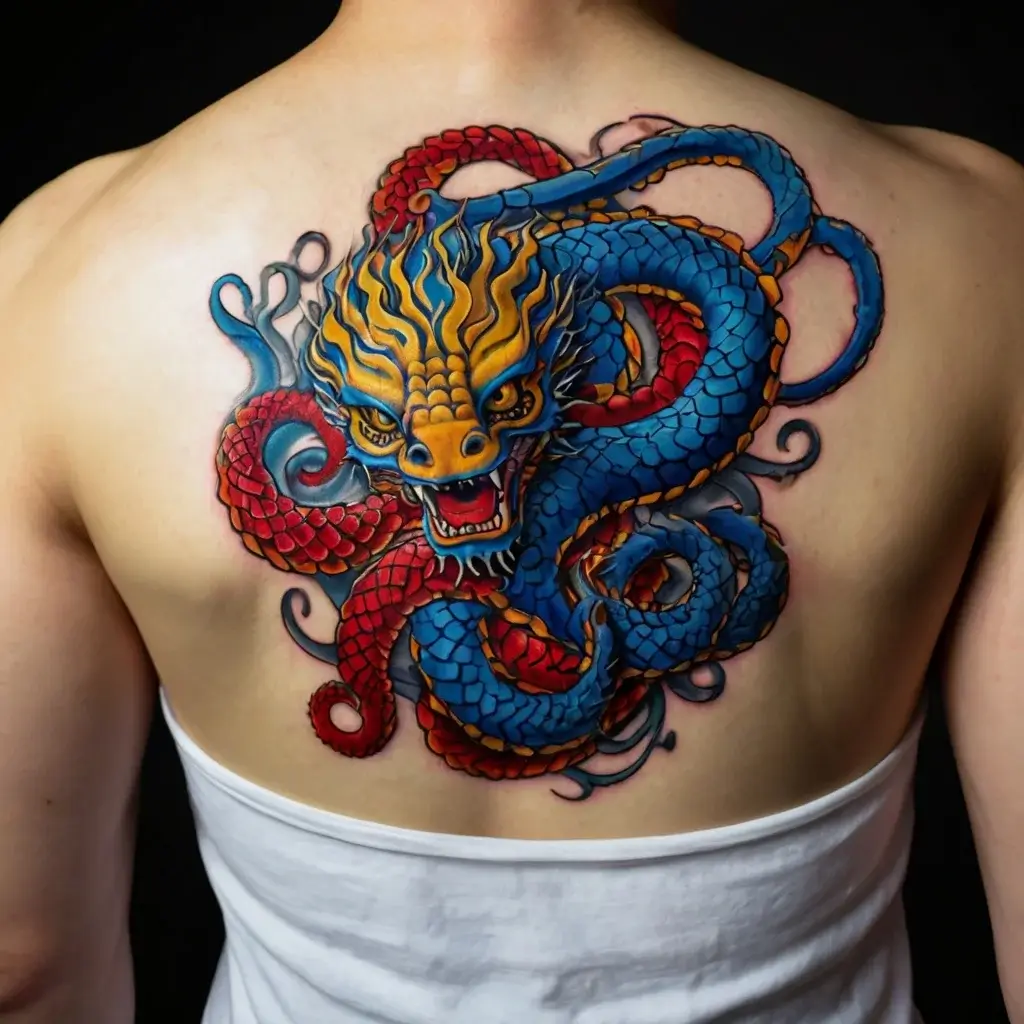 Vibrant tattoo of a dragon with a blue and red scaled body and a fierce yellow and blue fiery head on a person's back.