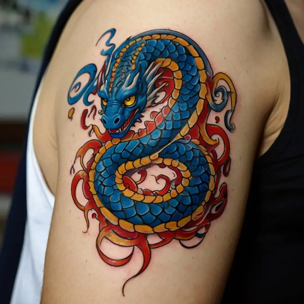 Tattoo of a vibrant blue dragon with orange accents, coiled with fiery red and orange background swirls on the arm.