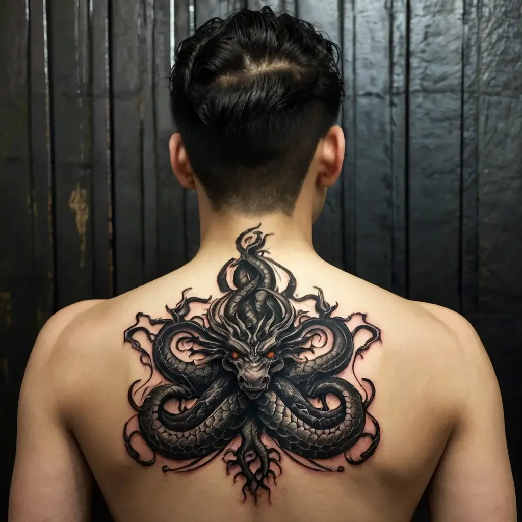 Back tattoo of a menacing dragon with multiple serpentine limbs, glowing red eyes, and intricate shadowing detail.