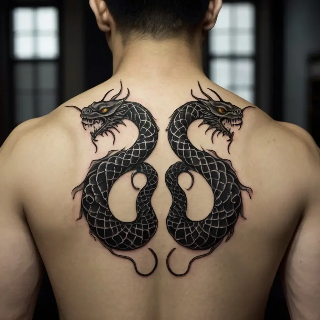 Twin black serpents with intricate scales and fierce eyes, coiled symmetrically on a man's back in bold lines.