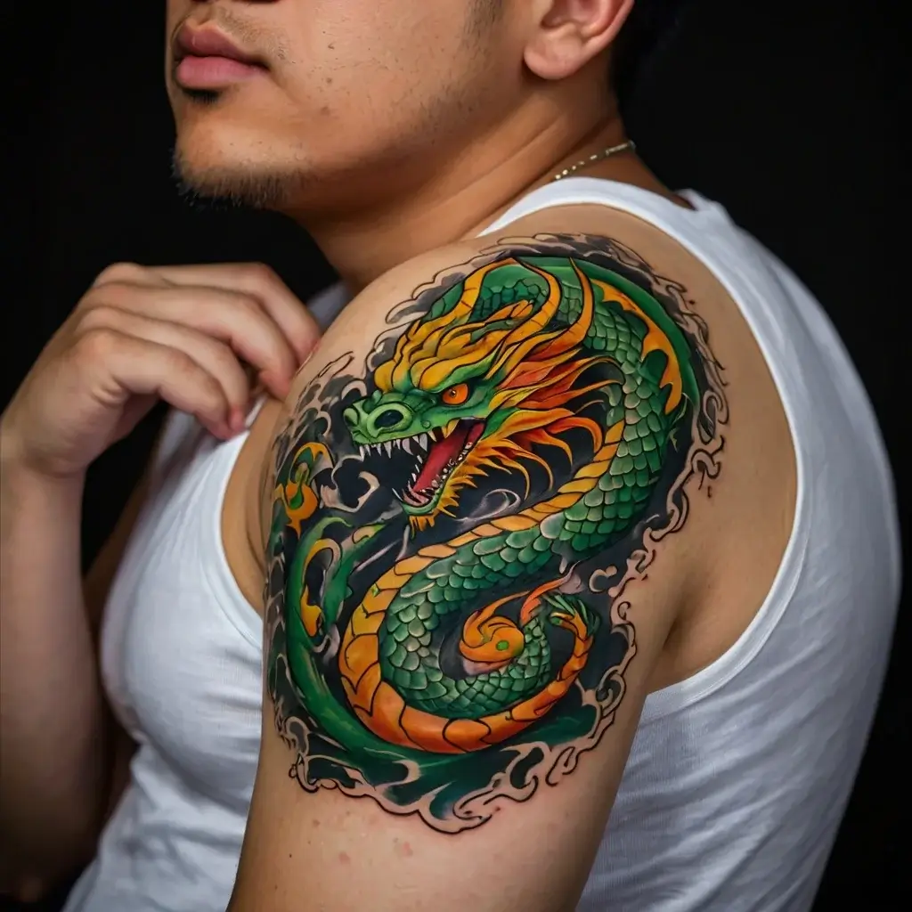 A vibrant dragon tattoo in green and orange on the shoulder, with swirling clouds for a dynamic and mythical effect.