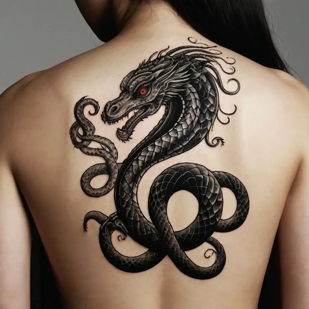 Intricate black dragon tattoo on back; coiled body with detailed scales and red eye, exuding power and mysticism.