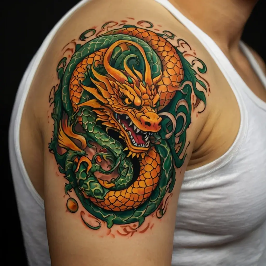 Vibrant tattoo of an orange and green dragon with intricate scales and flowing mane, coiled on the upper arm.