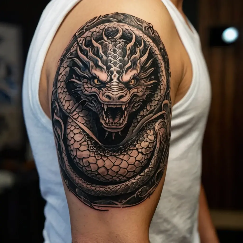 Tattoo of a fierce dragon in black and grey, with detailed scales and glowing eyes, coiled around the upper arm.