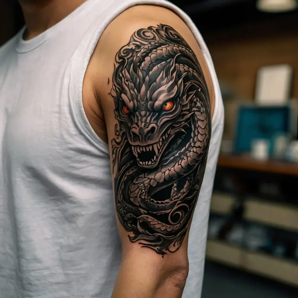 Intricate black and gray dragon tattoo on upper arm, with fierce red eyes and swirling smoke details.