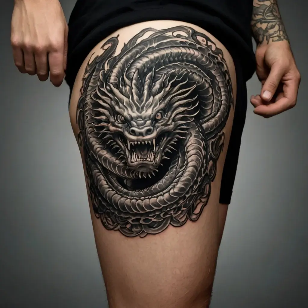 Intricate black and gray dragon tattoo with fierce expression, coiled around the thigh, showcasing detailed scales and claws.