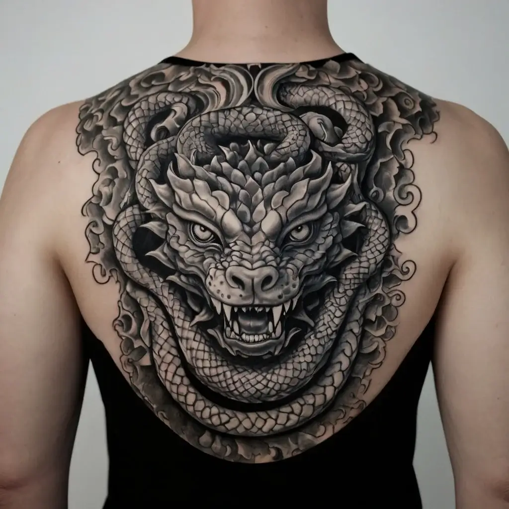 Intricate dragon head tattoo on the upper back, detailed in black and gray, with scales and swirling clouds.