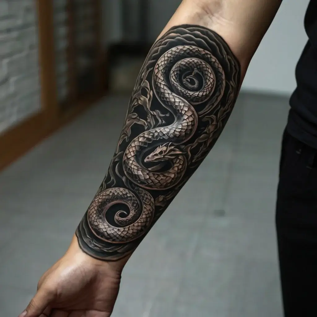 Tattoo design of a detailed snake coiled on an arm, featuring intricate scales and a swirling background in grayscale.