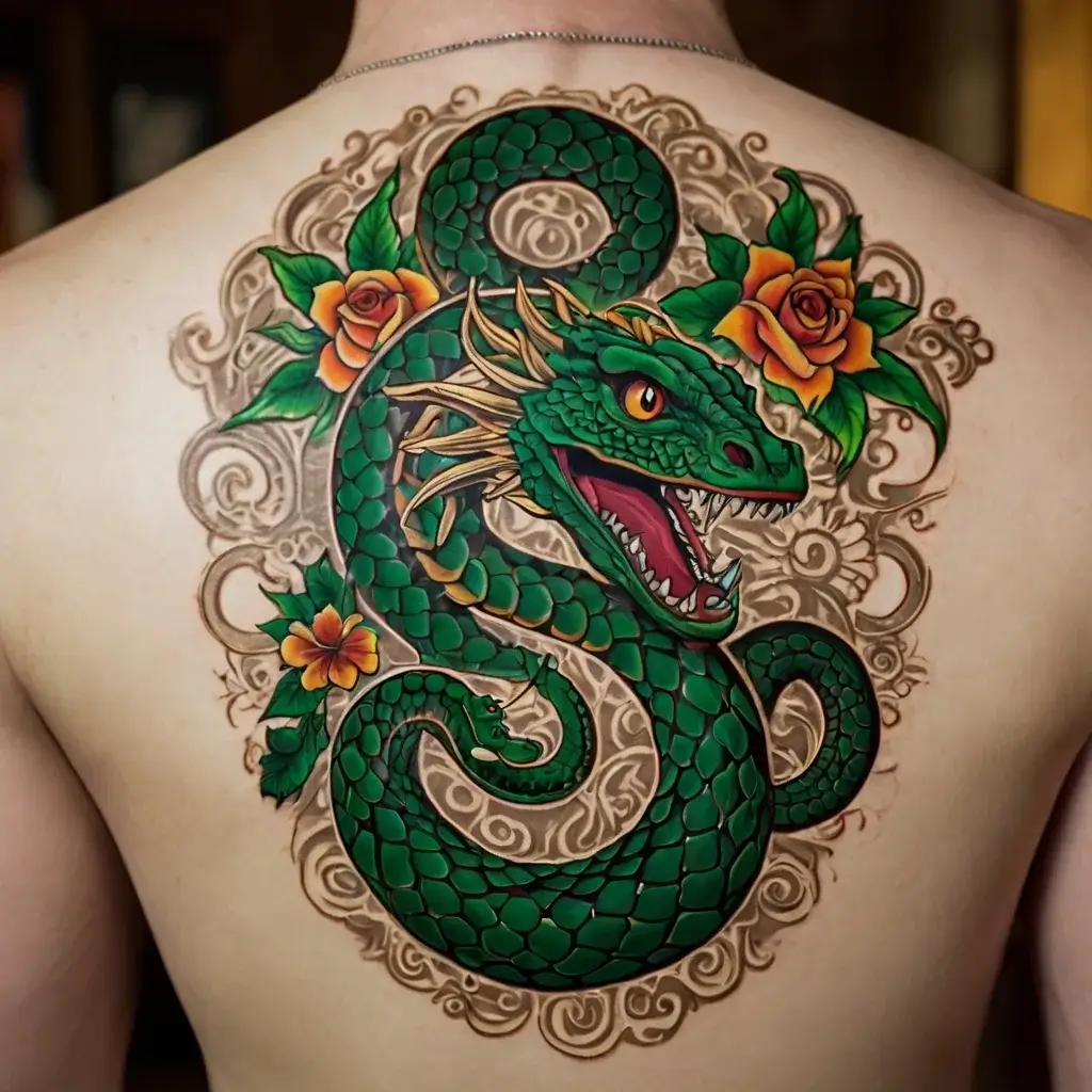 Intricate green dragon tattoo with orange roses and swirling patterns, showcasing vivid colors and dynamic composition.