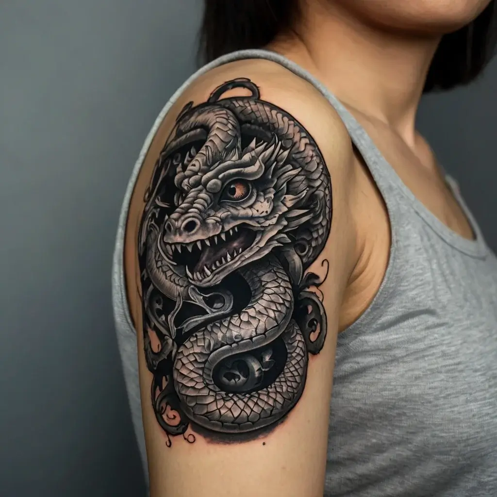 Intricate black and gray dragon tattoo on the upper arm, showcasing detailed scales and fierce expression.