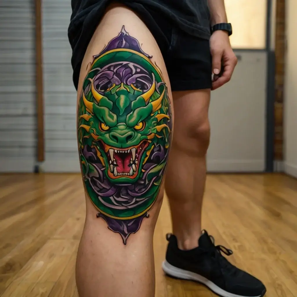 Vibrant green and yellow dragon head tattoo with fierce eyes and open mouth, surrounded by purple swirls, on thigh.