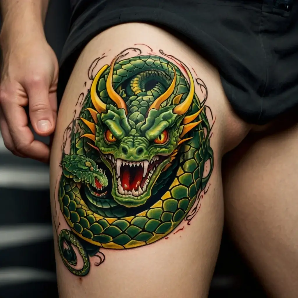 Bold green dragon tattoo on thigh, coiled with an open mouth, showcasing detailed scales and fiery orange eyes.