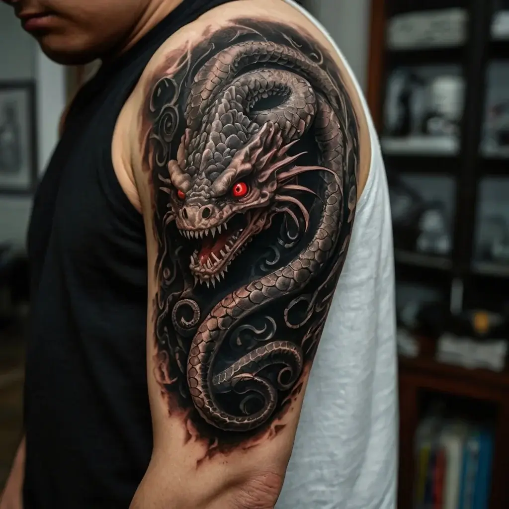 Realistic dragon tattoo with intricate scales and fiery red eyes, coiled on the upper arm against a smoky backdrop.