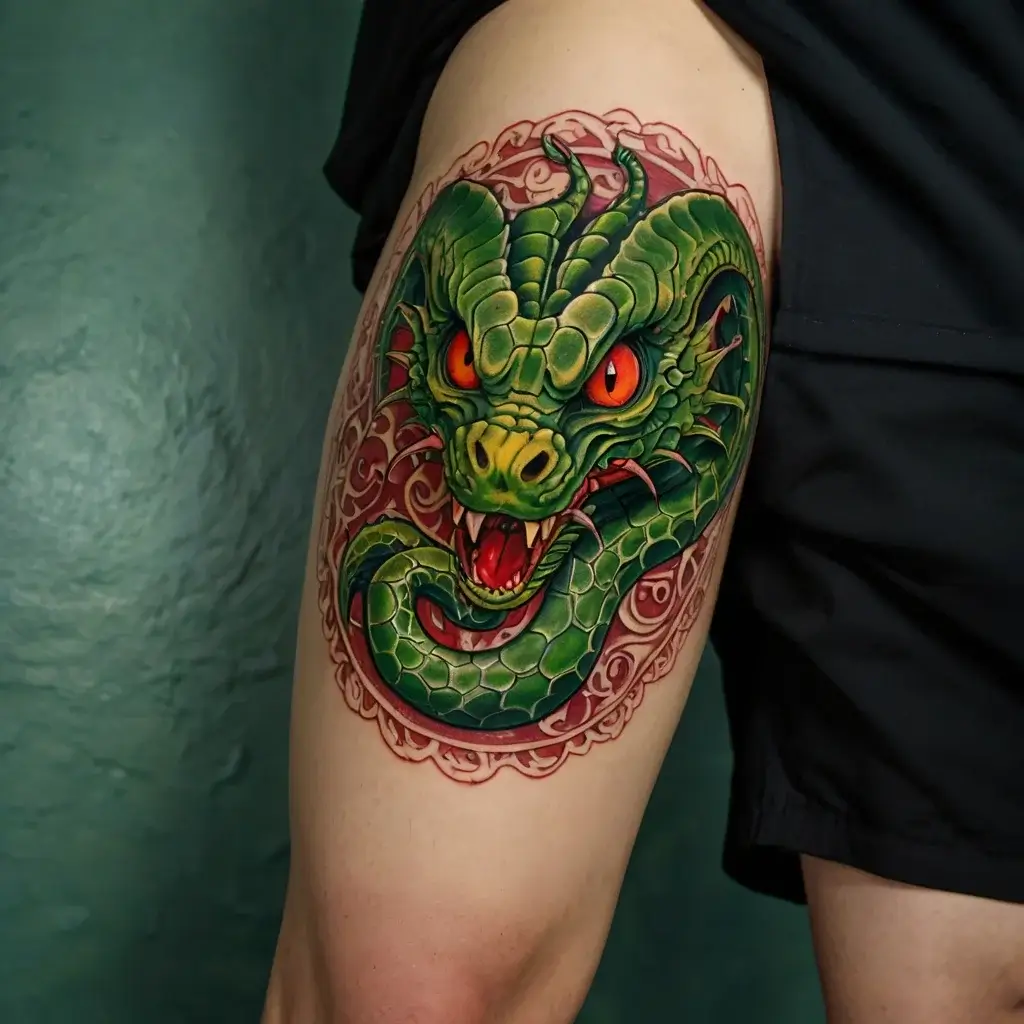 Vibrant green dragon tattoo with striking red eyes and ornate swirling background, symbolizing power and ferocity.