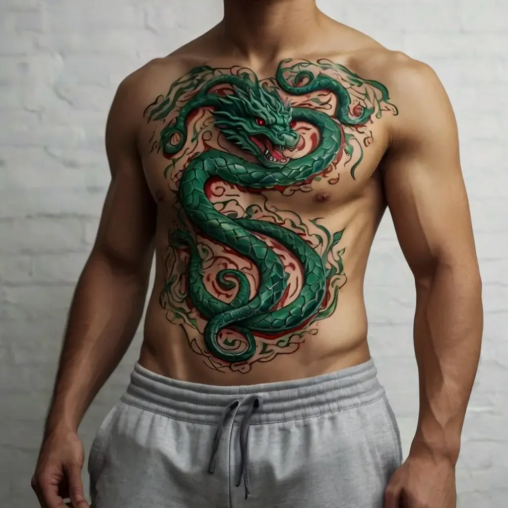 Chest tattoo of a coiled green dragon with red eyes, detailed scales, and swirling smoke-like patterns surrounding it.