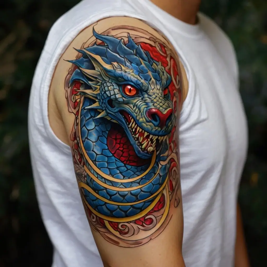 Intricate dragon tattoo with vibrant blue scales and fiery eyes, encircled by flowing red and gold accents on the shoulder.