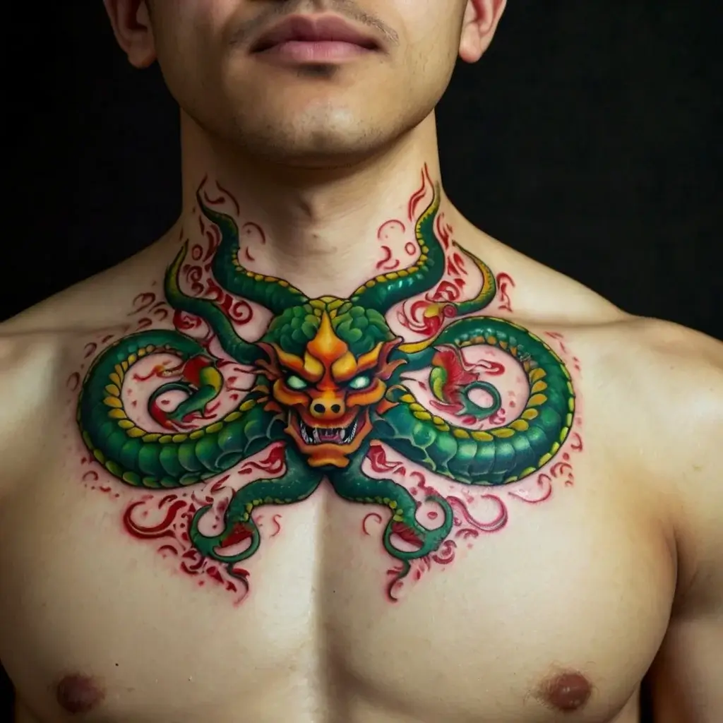 Vibrant dragon tattoo with green and orange hues, featuring intricate scales and fiery accents across the chest.