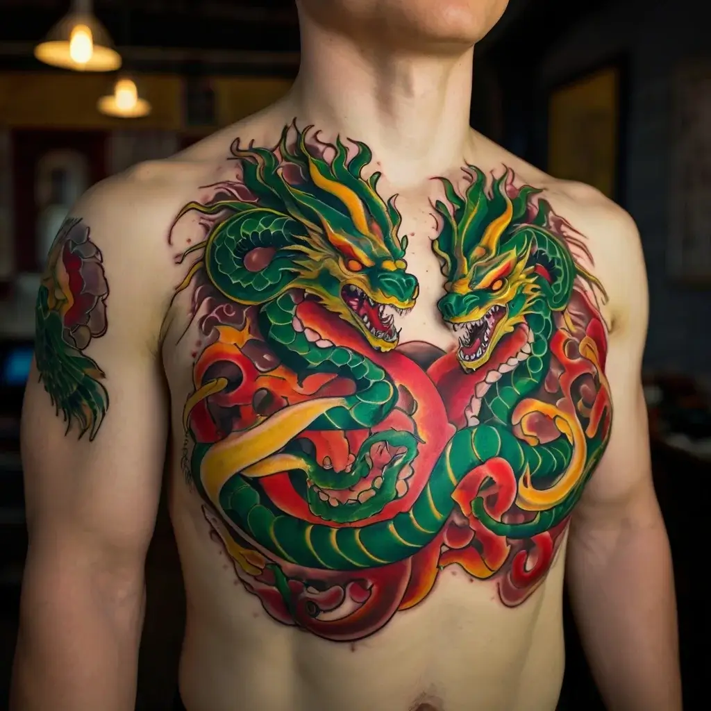 Vivid chest tattoo of two intertwined, fiery green dragons with red details, symbolizing strength and duality.