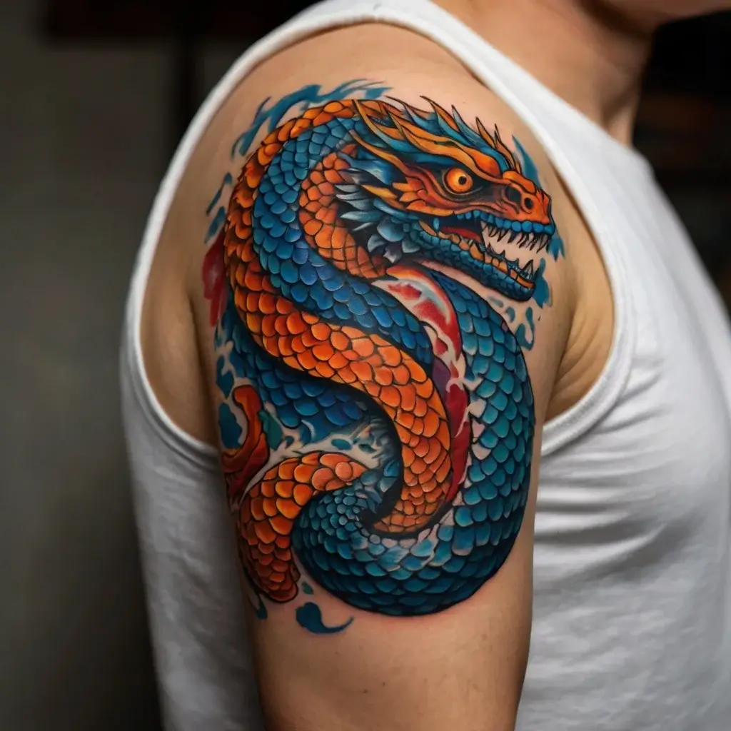 Colorful dragon tattoo with vivid blue and orange scales, wrapping around the upper arm, showcasing dynamic movement.