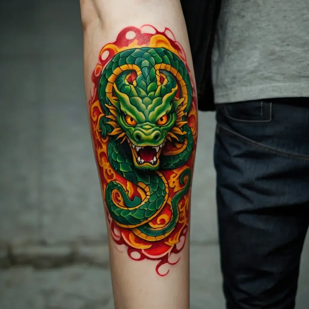 Detailed green dragon tattoo with vibrant flames and fierce expression, wrapped around the arm. Bold and dynamic design.