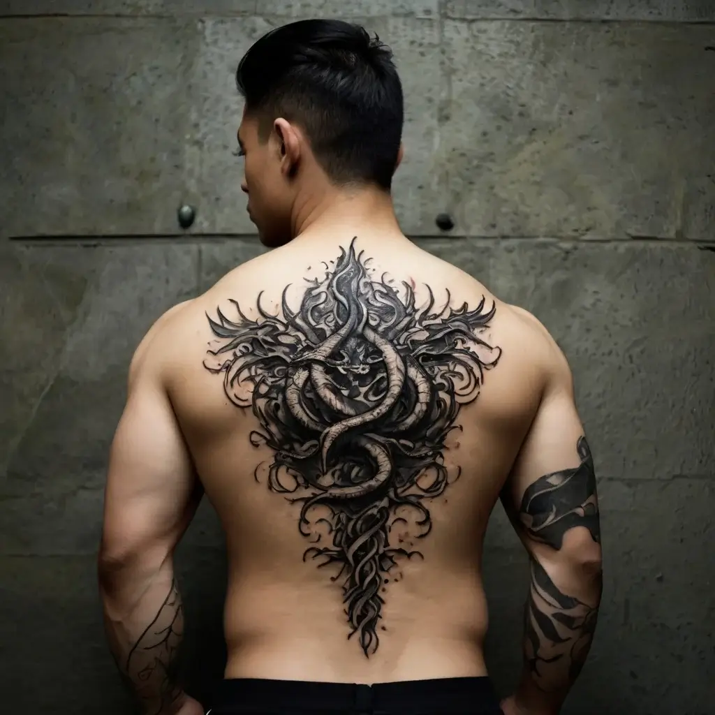 Back tattoo of two intertwined serpents surrounded by intricate, swirling tribal patterns.