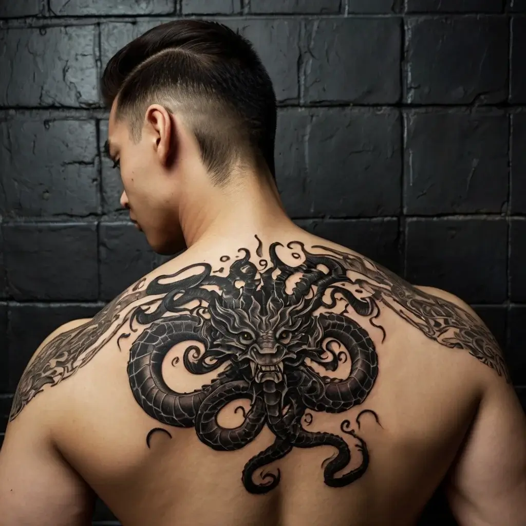 Tattoo of a fierce dragon face with serpentine tentacles sprawled across the upper back, intricately detailed in black ink.