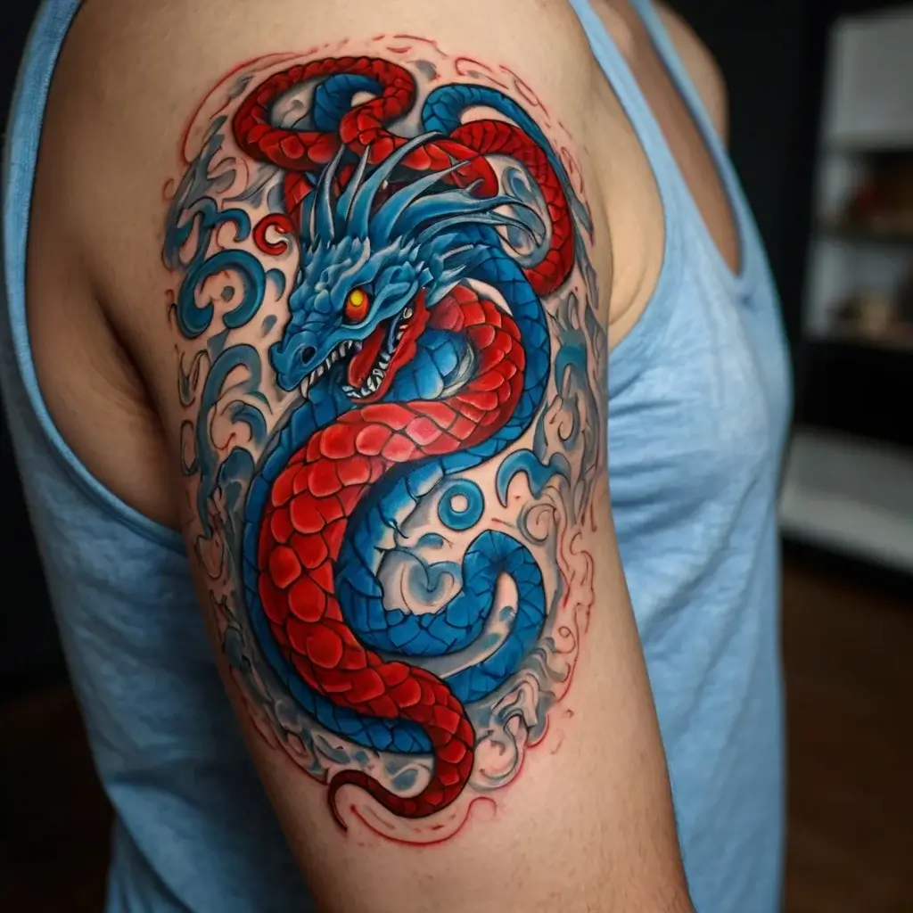 Tattoo of a vibrant red and blue dragon wrapped around an arm, with swirling background patterns, emphasizing movement.