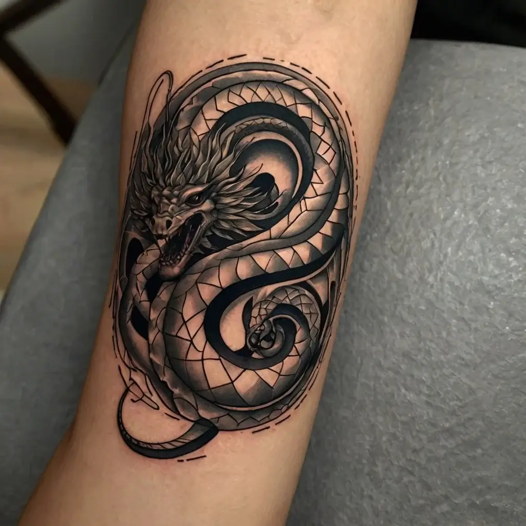 Intricate black and gray dragon tattoo with a fierce expression and coiled body, accentuating scales and shading.