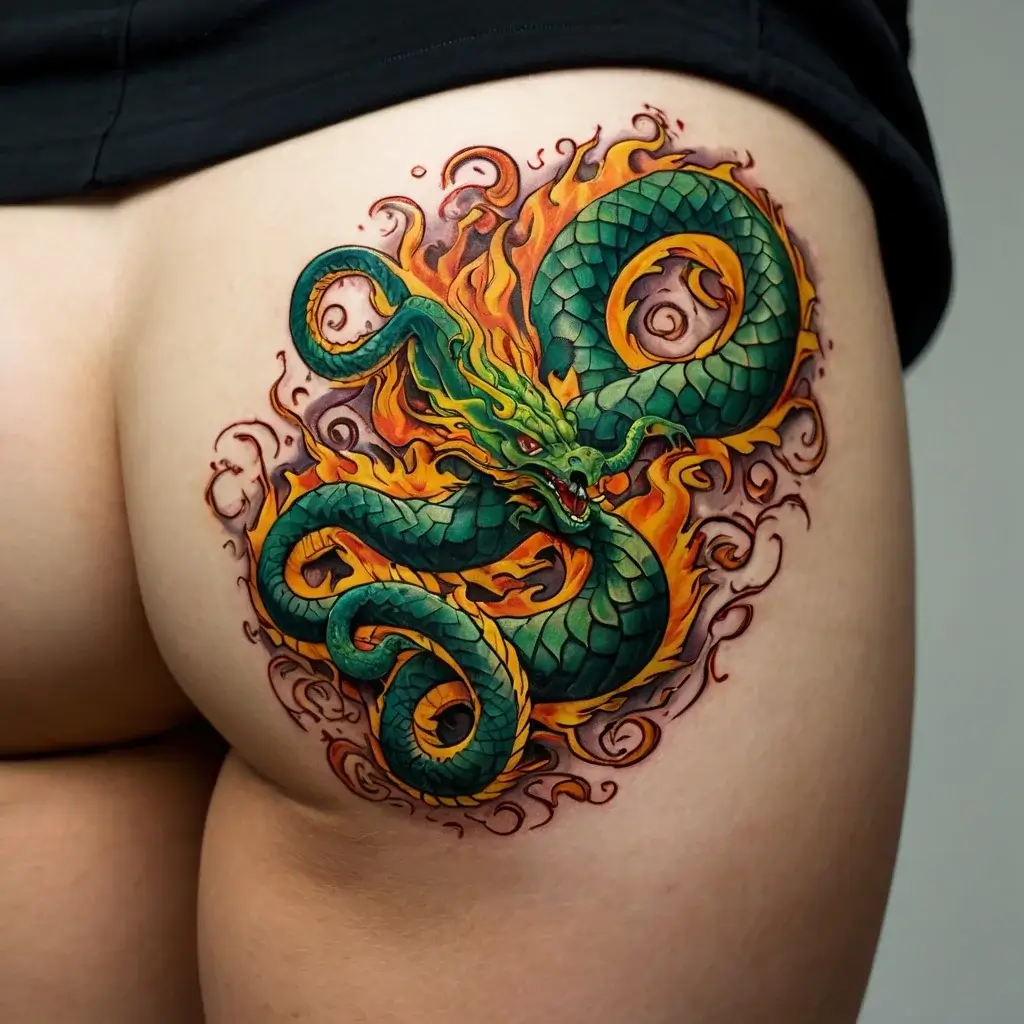 Colorful dragon tattoo with green scales, swirling through vibrant orange flames on the thigh, showcasing dynamic energy.