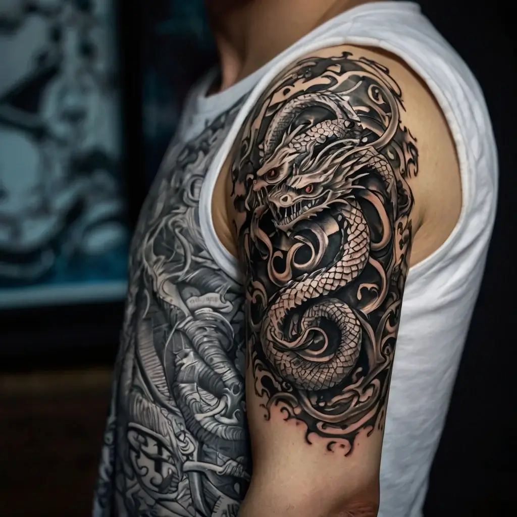 Intricate black and gray tattoo of a coiled dragon on an upper arm, featuring detailed scales and dynamic swirling patterns.