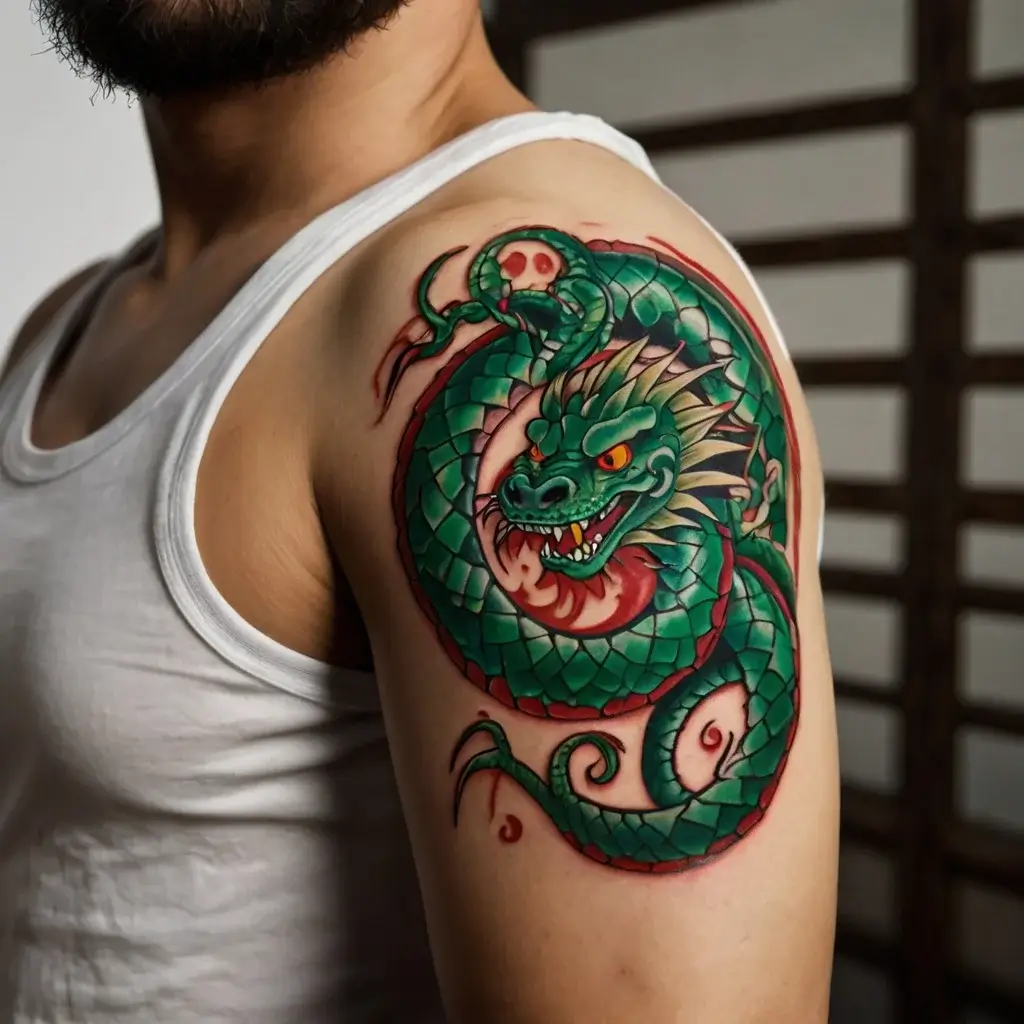 Green dragon tattoo on upper arm, featuring vivid scales, fiery eyes, and swirling red accents for a dynamic look.