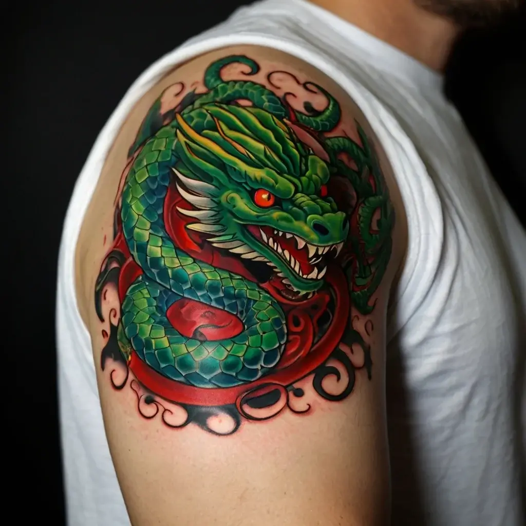 Vibrant green dragon tattoo on the upper arm, with red scales and fiery eyes, surrounded by swirling clouds.