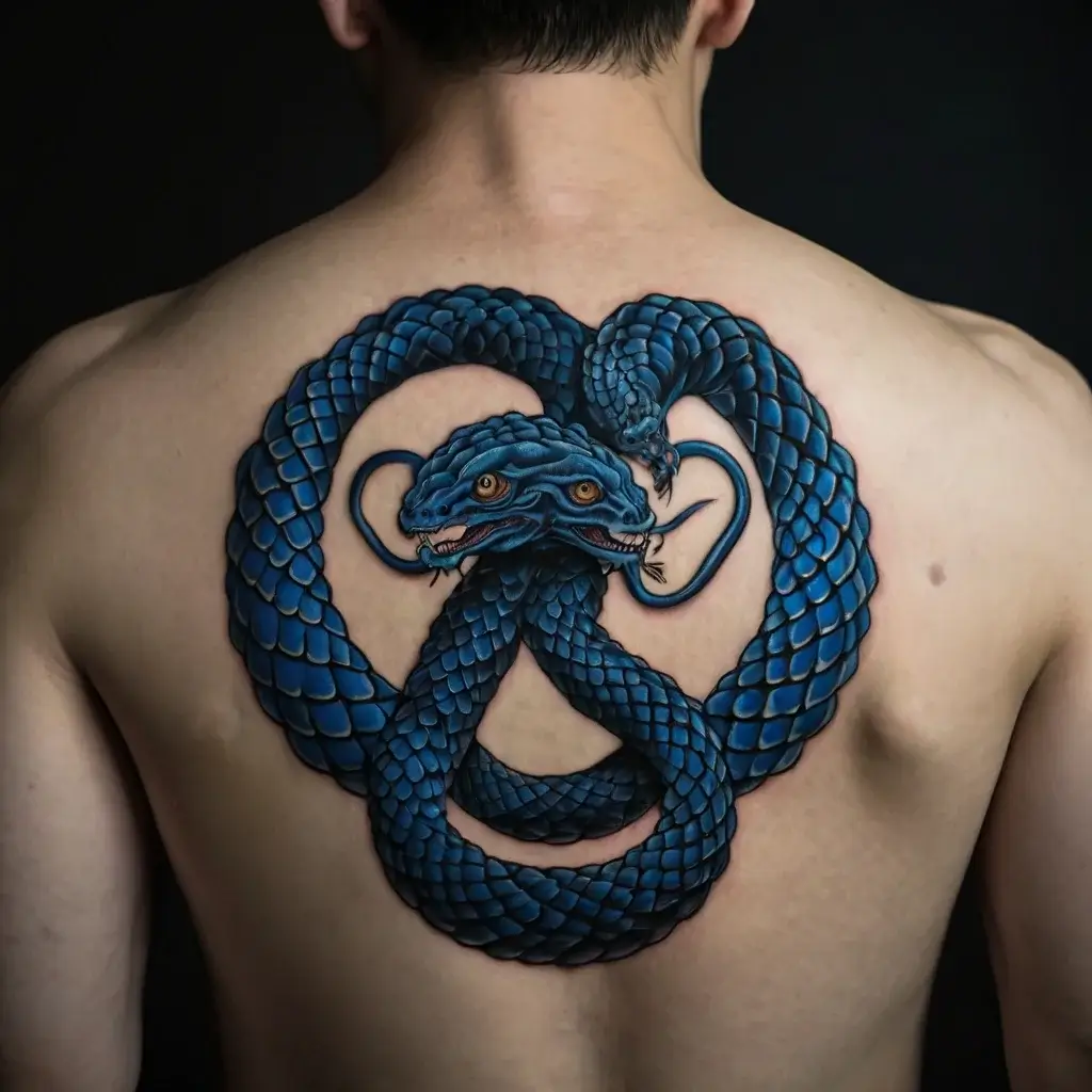 Tattoo of a detailed blue snake with intricate scales, forming an infinity loop on the upper back.