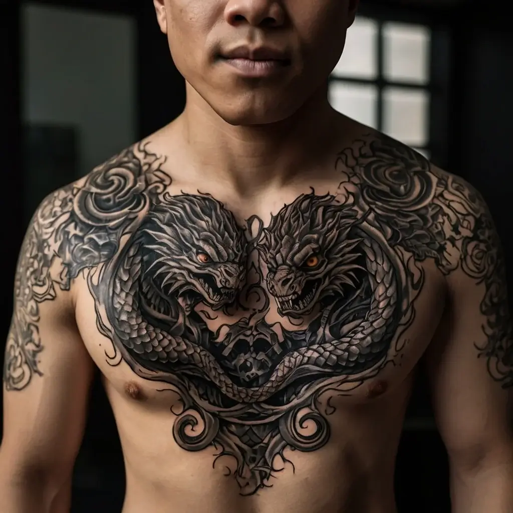 Intricate chest tattoo featuring two fierce, entwined dragons with detailed scales and fierce expressions, framed by swirling patterns.