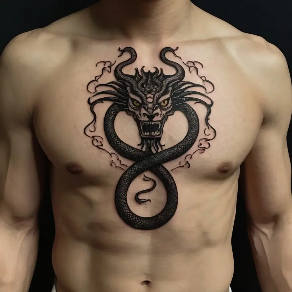 Chest tattoo of a fierce dragon with intricate scales in a symmetrical design, swirling around the chest forming an infinity loop.