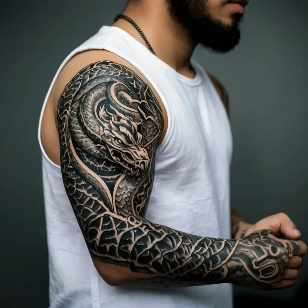 Intricate dragon tattoo wraps around the upper arm, featuring bold black and gray scales with detailed shading.