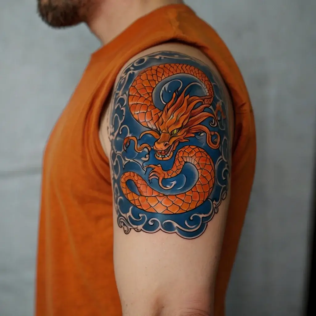 Bright orange dragon tattoo with intricate scales and fiery eyes, set against swirling blue clouds on the upper arm.