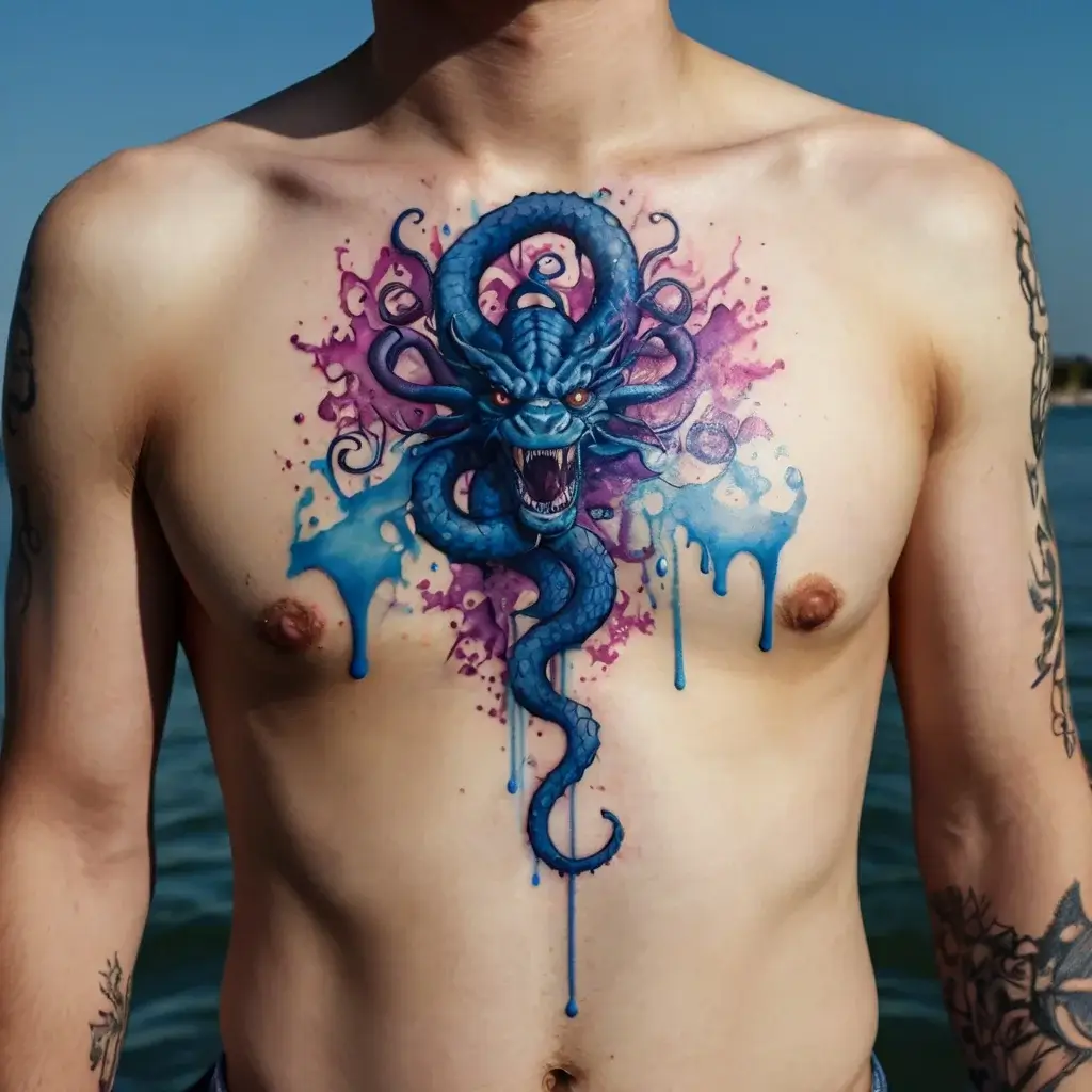 Tattoo depicting a fierce, blue serpent-like creature with pink-purple splashes, centered on the chest with ink drips.