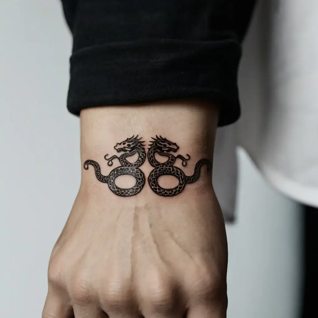 Two intricately detailed dragons forming an infinity symbol on the wrist, symbolizing eternal power and balance.