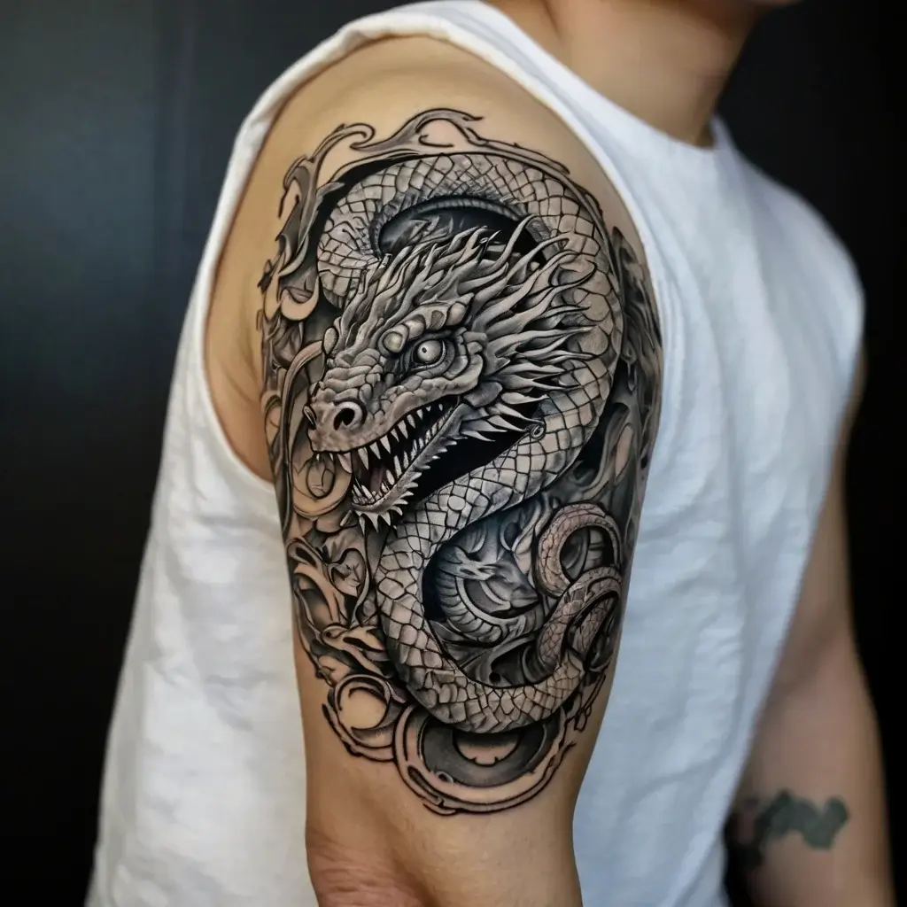 A fierce, detailed dragon tattoo wraps around the upper arm, featuring intricate scales and swirling clouds in grayscale.