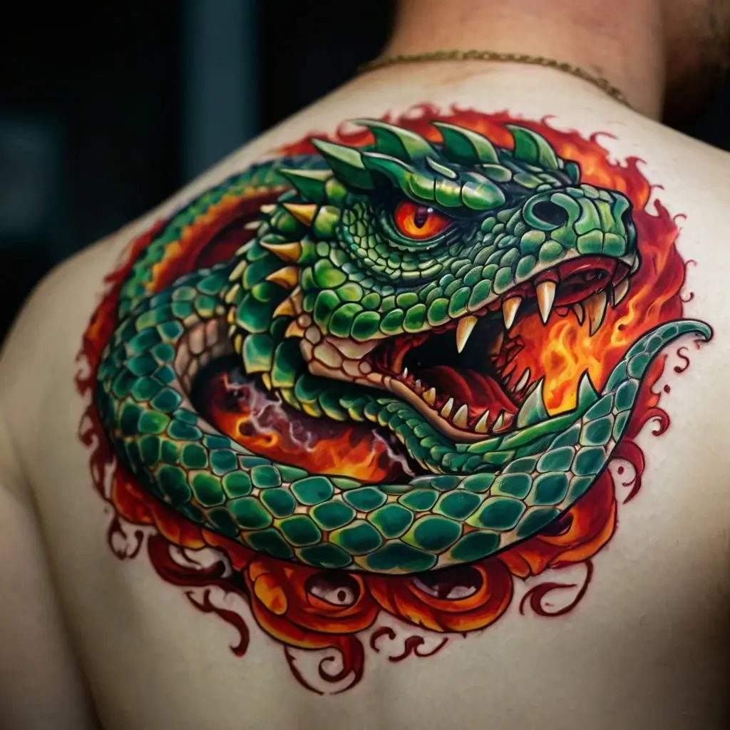 Vibrant green dragon with fiery red-orange flames, showcasing intricate scales and fierce expression on the back.